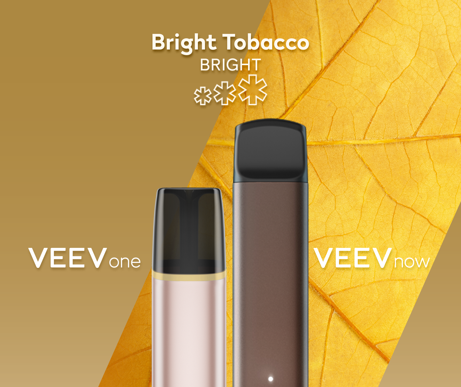 A VEEV ONE pod device and VEEV NOW disposable, both in Bright Tobacco flavour.